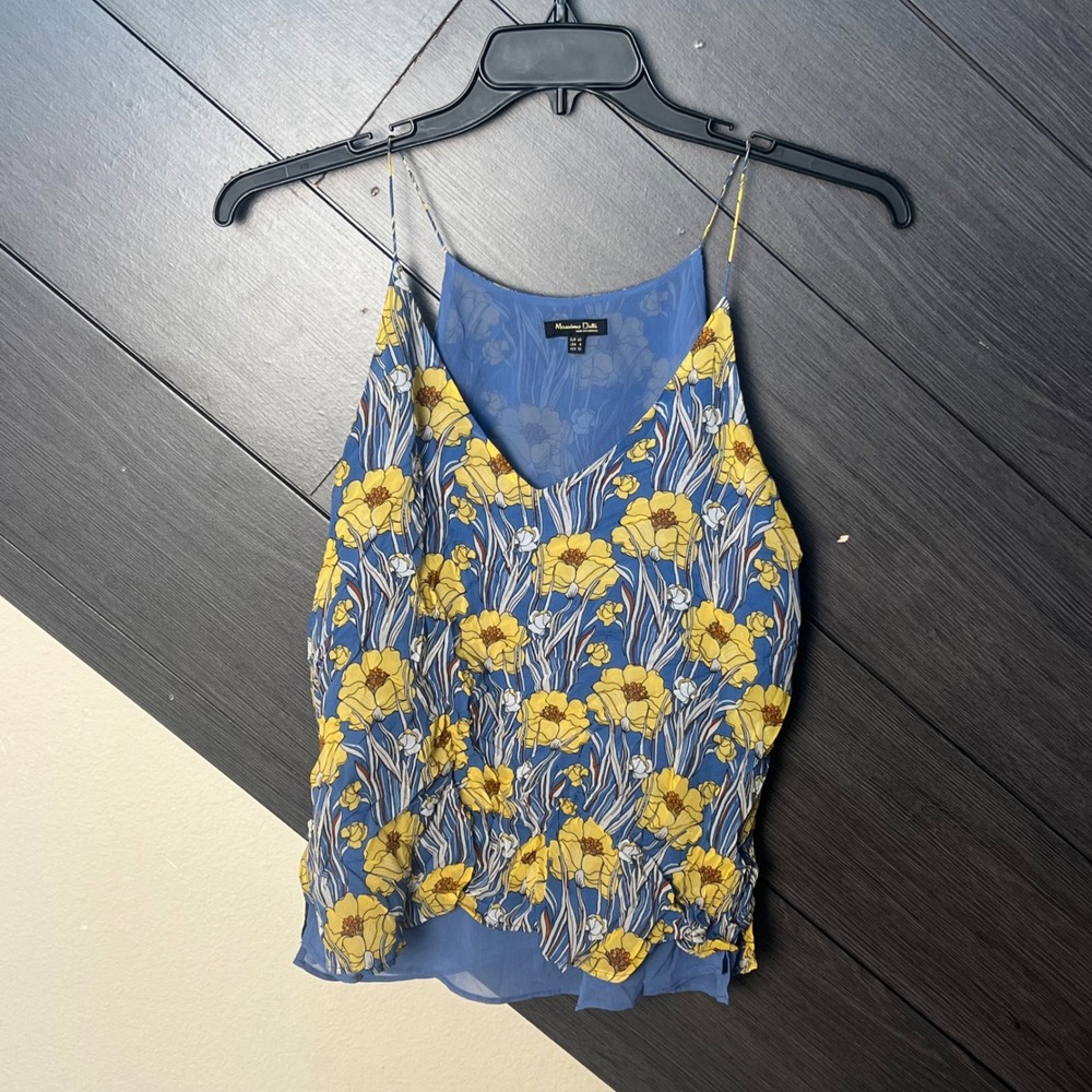 Massimo Dutti Women's Silk Floral Cami‎ Tank Blue Yellow Boho Size 8 Strappy